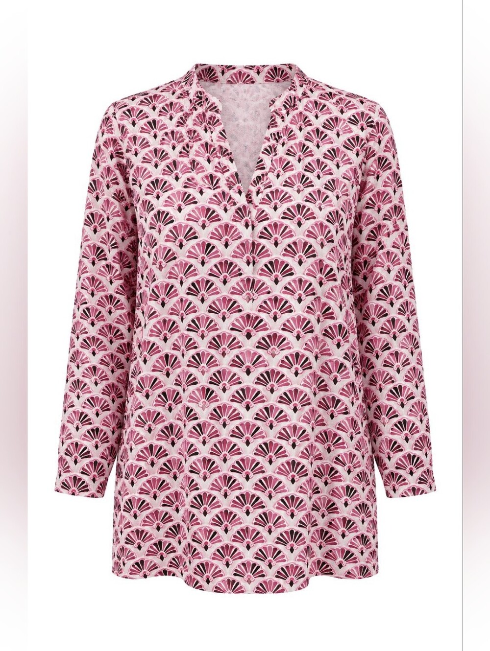 Chico's Fall Patterned V-Neck Women's Tunic Top Sz 4/XXL Cream Pink Maroon